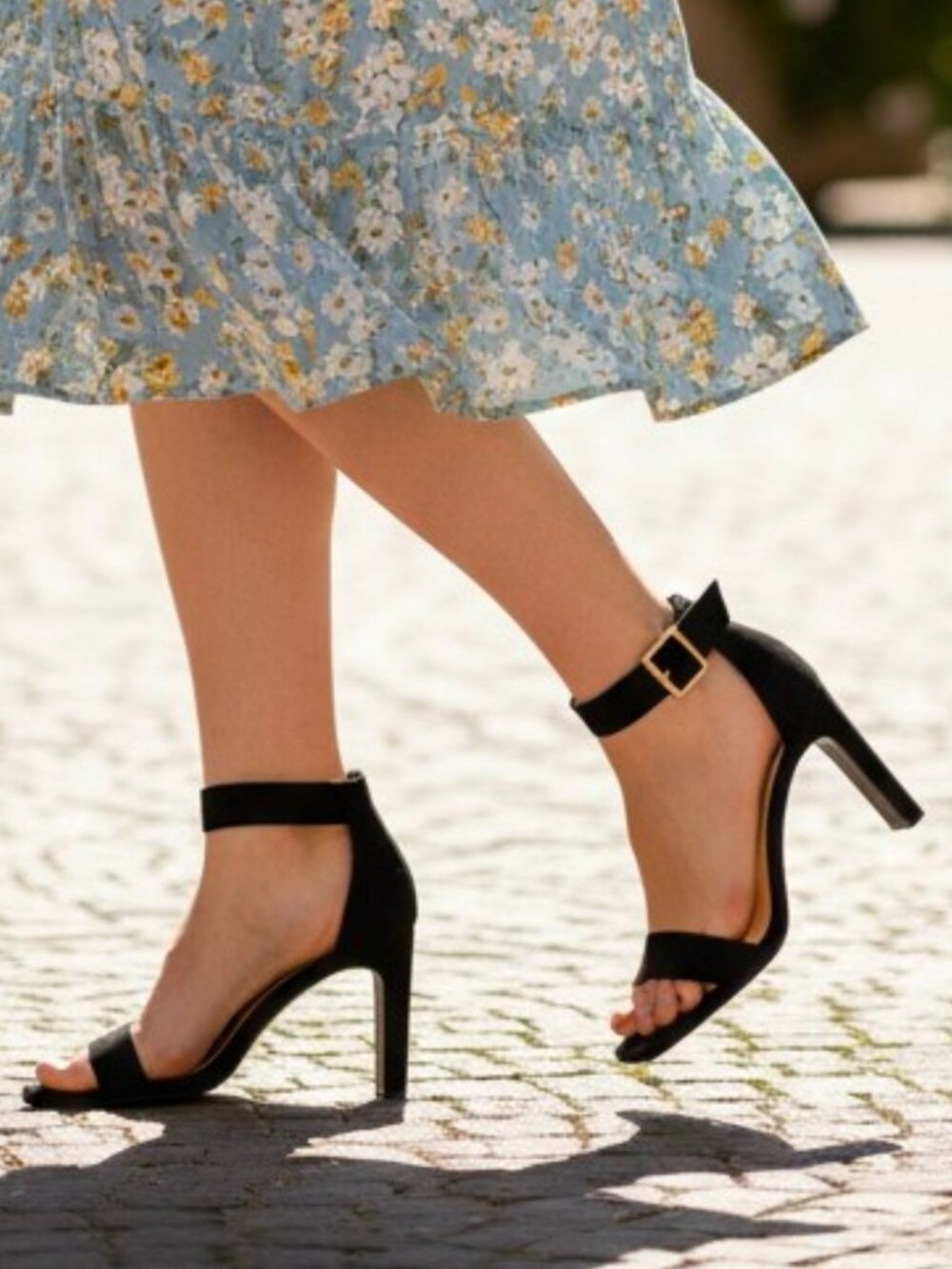 Womens Black Block Heel Sandals With Ankle Strap & Gold Buckle Perfect For Casua